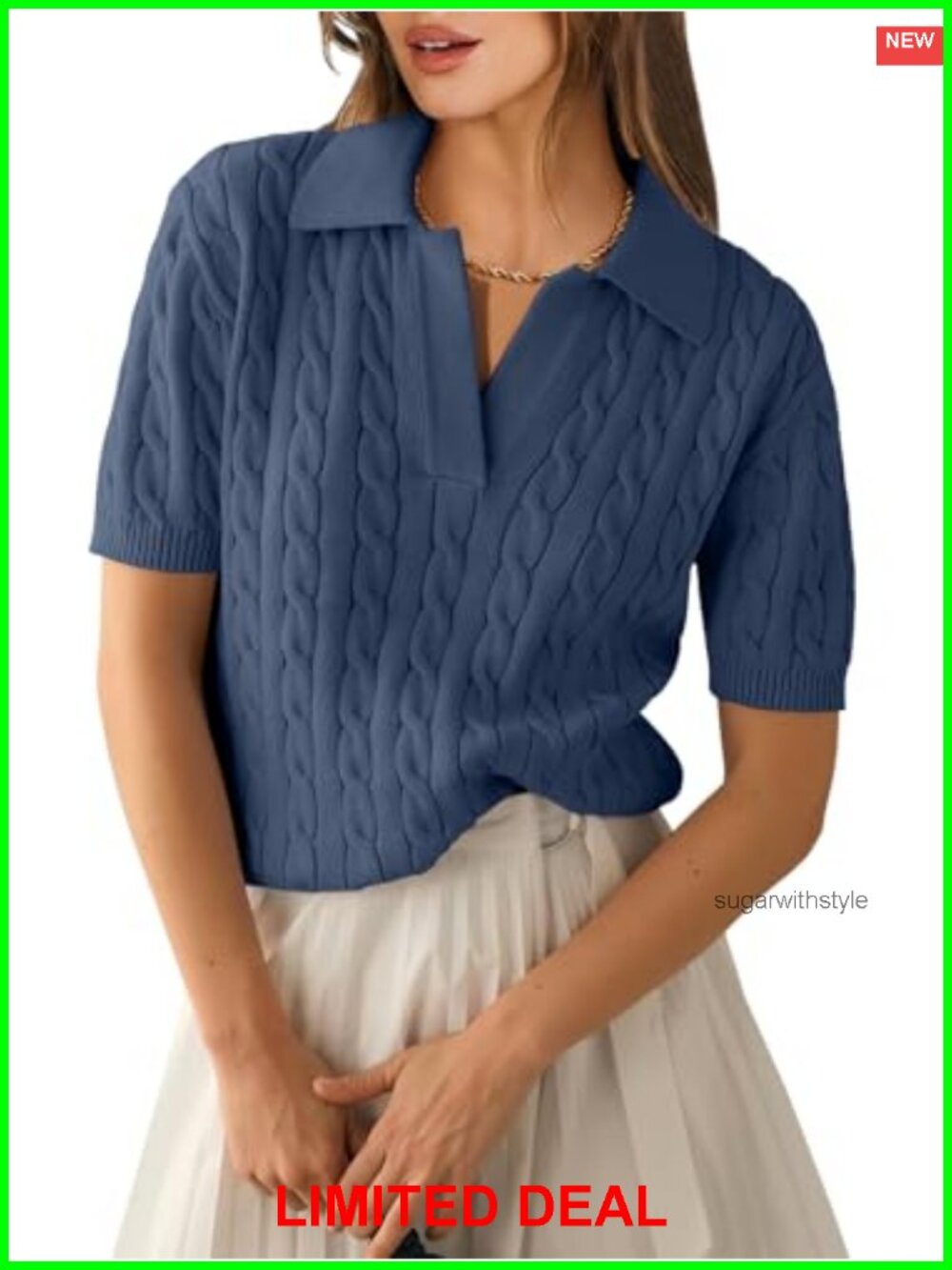 Cable Knit Polo Sweater Short Sleeve V Neck Loose Fit